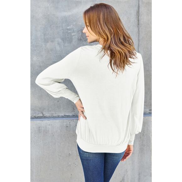 BASIC BAE Plus White V-Neck Long Lantern Sleeve Banded Waist Top NEW - Picture 6 of 8